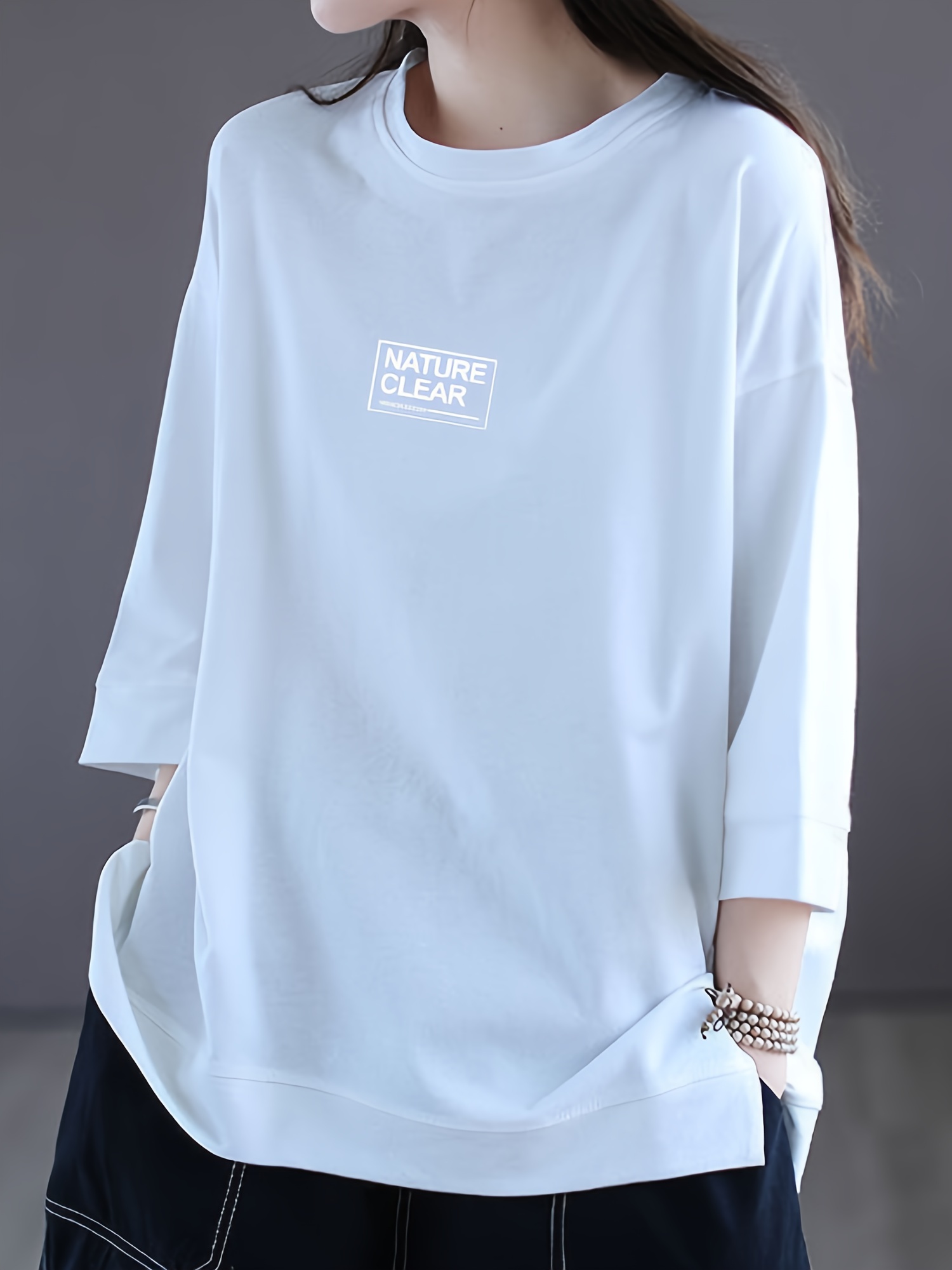 letter print simple t shirt casual drop shoulder 3 4 sleeve crew neck t shirt womens clothing details 6