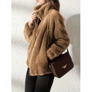 Drawstring Teddy Coat, Casual Zip Up Long Sleeve Warm Outerwear, Women's Clothing