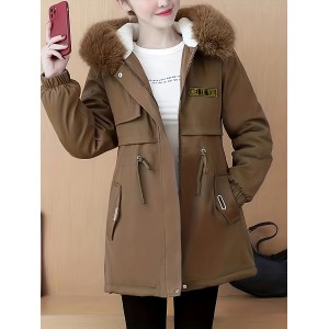 Fluffy Trim Hooded Warm Coat, Casual Zip Up Long Sleeve Winter Outerwear, Women's Clothing