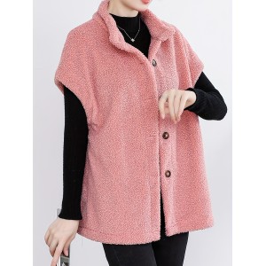 Button Front Teddy Vest, Casual Short Sleeve Solid Versatile Vest, Women's Clothing