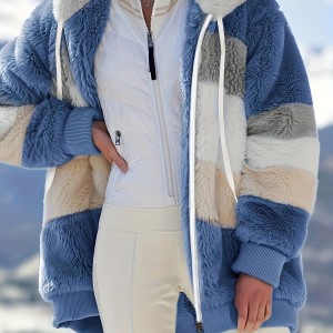 Color Block Hooded Teddy Coat, Casual Zip Up Long Sleeve Winter Warm Outerwear, Women's Clothing