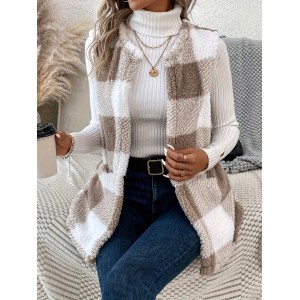 Plaid Pattern Teddy Vest, Casual Open Front Sleeveless Vest, Women's Clothing