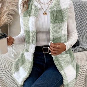 Plaid Pattern Teddy Vest, Casual Open Front Sleeveless Vest, Women's Clothing