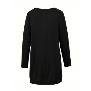 Solid Pocket Crew Neck T-Shirt, Casual Long Sleeve Top For Spring & Fall, Women's Clothing