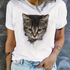 Cute Cat Print T-Shirt, Crew Neck Short Sleeve T-Shirt, Casual Every Day Tops, Women's Clothing