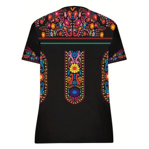 Boho Floral Print T-shirt, Ethnic Crew Neck Short Sleeve Summer T-shirt, Women's Clothing