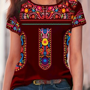 Boho Floral Print T-shirt, Ethnic Crew Neck Short Sleeve Summer T-shirt, Women's Clothing