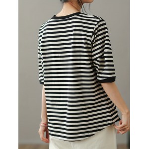 Crew Neck Striped T-Shirt, Random Print Casual Top For Summer & Spring, Women's Clothing