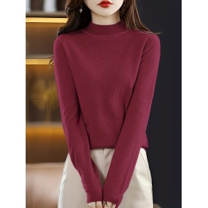 Solid Mock Neck Knit Sweater, Casual Long Sleeve Simple Sweater, Women's Clothing