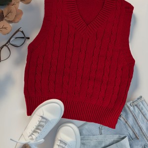 Twist Pattern V Neck Sweater Vest, Y2K Sleeveless Vest For Spring & Fall, Women's Clothing