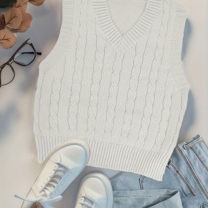 Twist Pattern V Neck Sweater Vest, Y2K Sleeveless Vest For Spring & Fall, Women's Clothing
