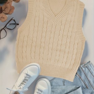 Twist Pattern V Neck Sweater Vest, Y2K Sleeveless Vest For Spring & Fall, Women's Clothing