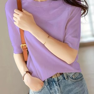 Half Sleeve Knit Swearter, Casual Crew Neck Solid Sweater For Spring & Summer, Women's Clothing