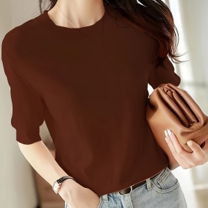 Half Sleeve Knit Swearter, Casual Crew Neck Solid Sweater For Spring & Summer, Women's Clothing