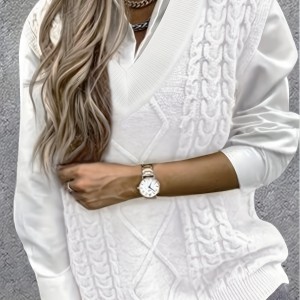 Cable V Neck Knitted Vest, Casual Sleeveless Vest For Spring & Fall, Women's Clothing