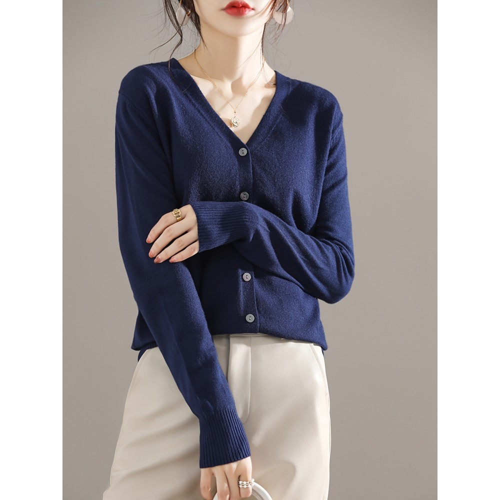 Elegant V-neck Solid Cardigan, Long Sleeve Cardigan For Spring & Fall, Women's Clothing