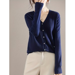 Elegant V-neck Solid Cardigan, Long Sleeve Cardigan For Spring & Fall, Women's Clothing