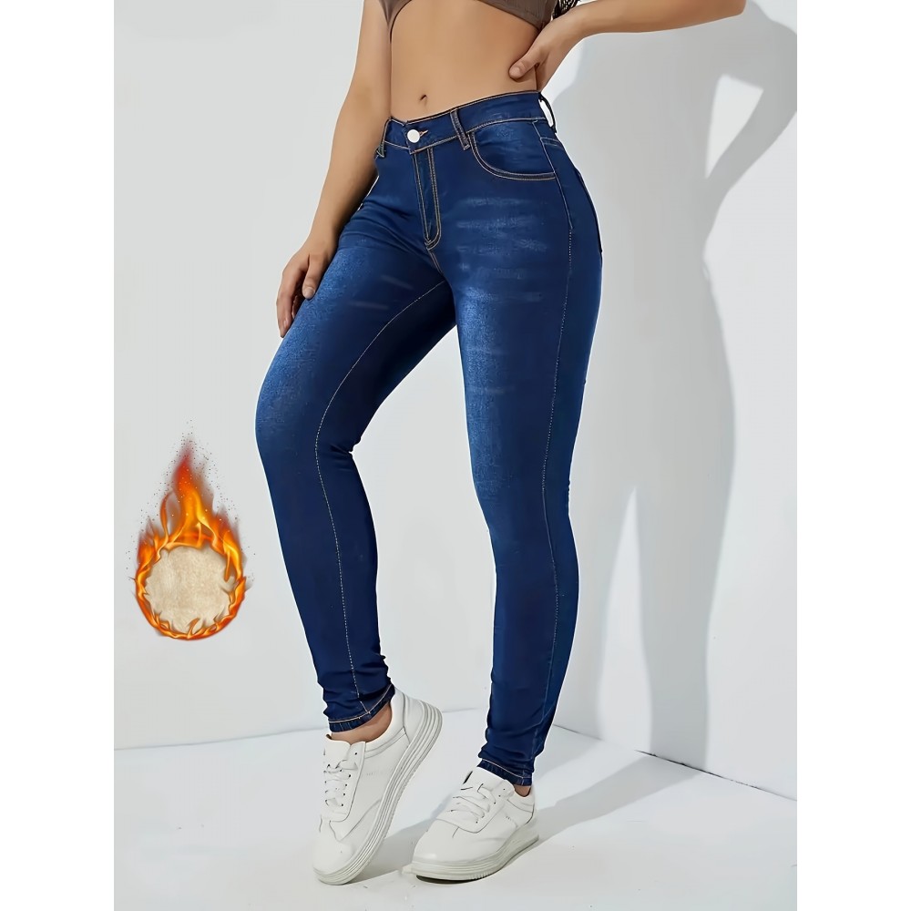 Fleece Liner Casual Skinny Jeans, Slant Pockets Slim Fit Stretchy Tight Jeans, Women's Denim Jeans & Clothing
