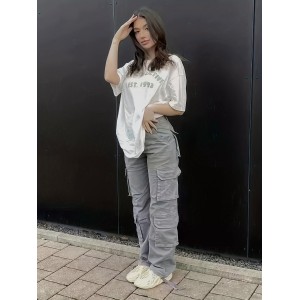 Plain Flap Pockets Cargo Pants, Loose Fit Y2K & Kpop Style Straight Jeans, Women's Denim Jeans & Clothing