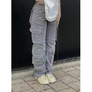 Plain Flap Pockets Cargo Pants, Loose Fit Y2K & Kpop Style Straight Jeans, Women's Denim Jeans & Clothing