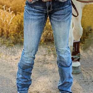 Embroidered Pockets Washed Bootcut Jeans, Retro Style Slant Pockets Denim Pants, Women's Denim Jeans & Clothing