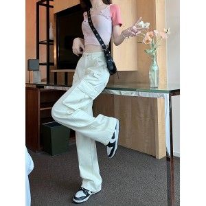 Plain Flap Pockets Cargo Pants, Non-Stretch Loose Fit High Waist Y2K & Kpop Style Straight Jeans, Women's Denim Jeans & Clothing