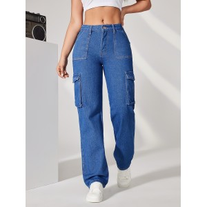 Blue Flap Pockets Cargo Pants, Loose Fit High Waist Y2K & Kpop Style Straight Jeans, Women's Denim Jeans & Clothing