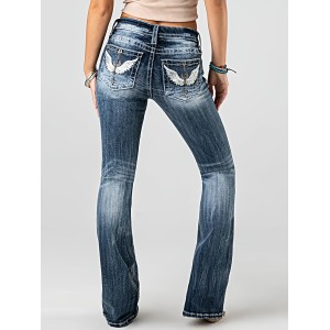 Wing Embroidery Stylist Bootcut Jeans, Mid-stretch Vintage Washed Fit Denim Pants, Women's Denim Jeans & Clothing