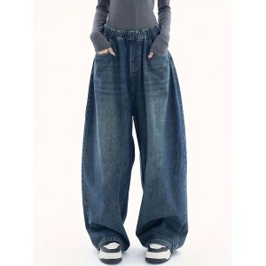 Elastic Waist Wide Leg Jeans, Slant Pocket Loose Streetwear Y2k Baggy Denim Pants, Women's Denim Jeans & Clothing
